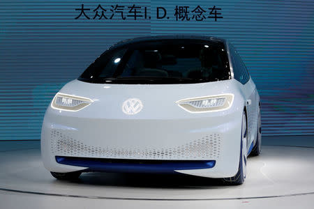 FILE PHOTO: A Volkswagen I.D. electric vehicle is shown at a news conference in Guangzhou, China November 17, 2016. REUTERS/Bobby Yip/File Photo