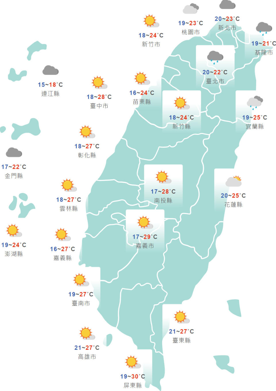 台灣今日天氣與溫度預測。（圖片來源：中央氣象局， 下同）