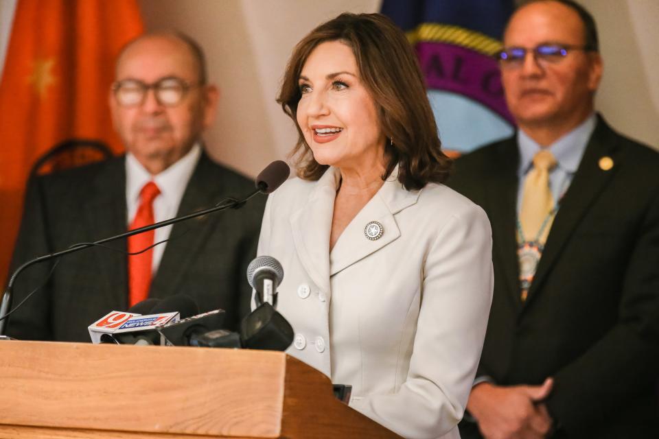 Joy Hofmeister speaks on Oct. 11 at a news conference as the leaders of Oklahoma’s largest tribes endorse her for governor in Oklahoma City.