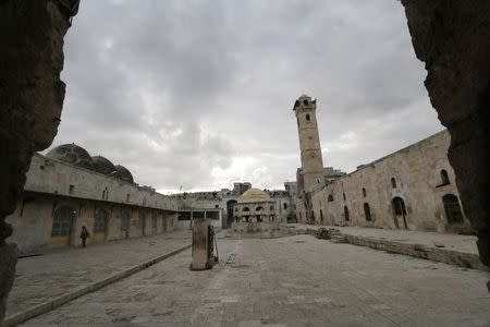 A man walks in the ancient Grand Mosque in Maaret al-Naaman town in Idlib province November 27, 2014. REUTERS/Khalil Ashawi