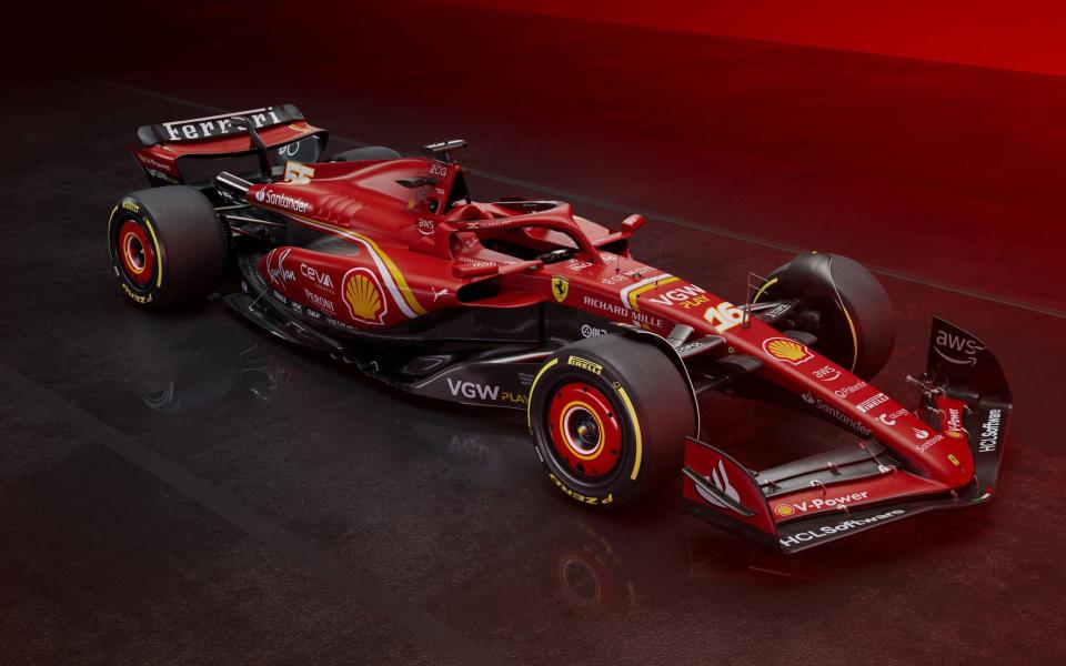 This handout photo, made available on February 13, 2024 by Scuderia Ferrari, shows Ferrari's new single-seater SF-24 (F1) for the 2024 season, unveiled today at its Italian home base of Maranello