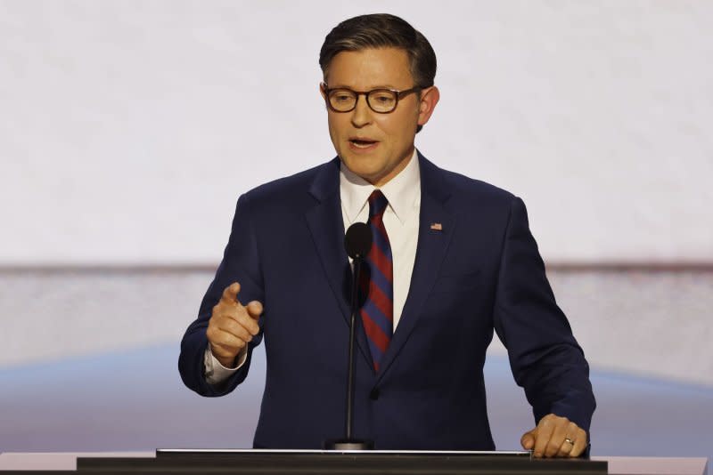 Speaker of the House Mike Johnson, R-La., speaks Tuesday at the 2024 Republican National Convention at Fiserv Forum in Milwaukee, Wisconsin, where he urged Americans to unite "in the wake of the assassination attempt on the life of President Trump." Photo by Tannen Maury/UPI