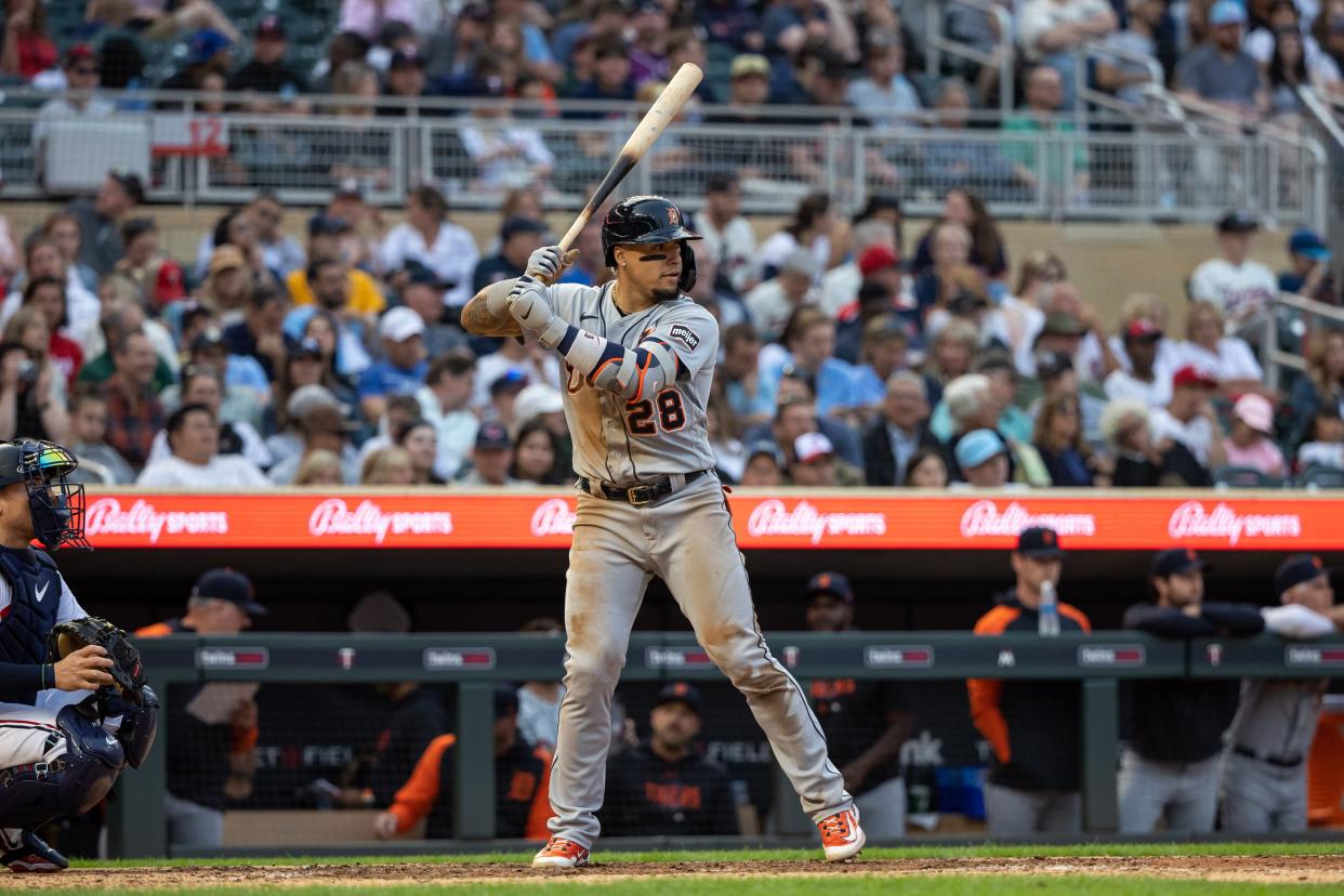 Detroit Tigers shortstop Javier Baez (28) bats during the eighth inning against the Minnesota Twins at Target Field in Minneapolis on Thursday, June 15, 2023.