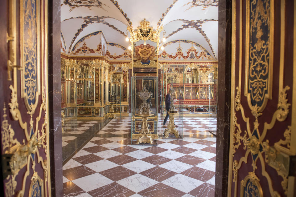 This Tuesday April 4, 2019 photo shows a part of the collection at the Jewellery Room of Dresden's Green Vault in Dresden. Authorities in Germany say thieves have carried out a brazen heist at Dresden’s Green Vault, one of the world’s oldest museum containing priceless treasures from around the world. (Sebastian Kahnert/dpa via AP)