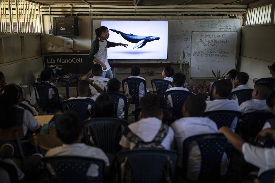 Estudiantes asisten a una charla sobre la conservación de ballenas en la escuela Luis López de Mesa, en Bahía Solano, Colombia, el martes 29 de agosto de 2023. (AP Foto/Iván Valencia)