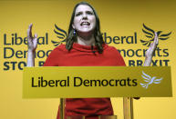 Jo Swinson speaks in London Monday July 22, 2019, after being elected leader of the Liberal Democrats. The centrist Liberal Democrats, who have seen a surge in support thanks to their strongly anti-Brexit stance, also chose a new leader on Monday. Jo Swinson, a 39-year-old lawmaker from Scotland, defeated former energy minister Ed Davey in a poll of party members. (Stefan Rousseau/PA via AP)