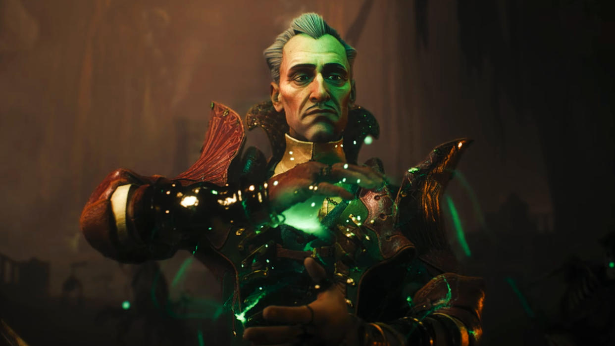  Dragon Age: The Veilguard screenshot showing Emmrich, a necromancer man with short greying hair and green magic. 