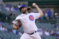 Chicago Cubs starting pitcher Wade Miley delivers during the first inning of a baseball game against the Pittsburgh Pirates Monday, May 16, 2022, in Chicago. (AP Photo/Charles Rex Arbogast)