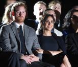 <p>A nervous Prince Harry waits to give a speech, while Meghan holds on to him.</p>