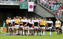 FILE - In this Sept. 28, 2019 file photo, the Japan team leave the field after a warm up ahead of the Rugby World Cup Pool A game at Shizuoka Stadium Ecopa against Ireland in Shizuoka, Japan. Japan will play South Africa in a quarterfinal in Tokyo on Sunday Oct. 20. (AP Photo/Eugene Hoshiko,File)