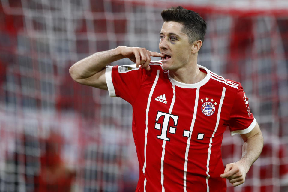 Bayern’s Robert Lewandowski celebrates (AP Photo/Matthias Schrader)