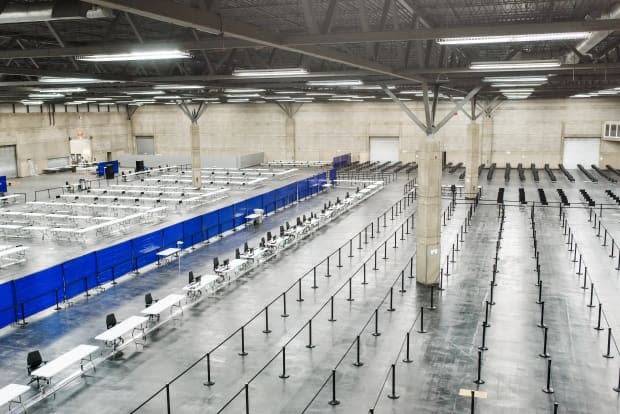 A birds-eye-view of a rapid flow COVID-19 vaccine clinic set up at the Edmonton Expo Centre. The clinic opened on April 12, 2021. (Lana Palmer Photography - image credit)