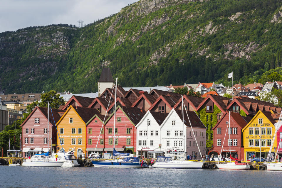 A harbor with colorful houses in Bergen, Norway.