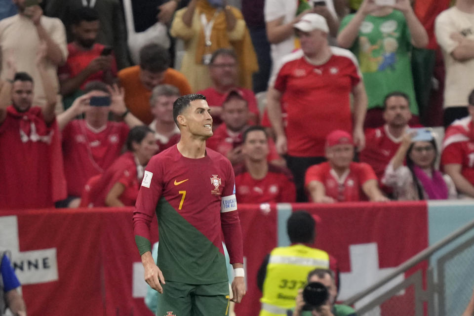 Portugal's Cristiano Ronaldo look on during the World Cup round of 16 soccer match between Portugal and Switzerland, at the Lusail Stadium in Lusail, Qatar, Tuesday, Dec. 6, 2022. (AP Photo/Darko Bandic)