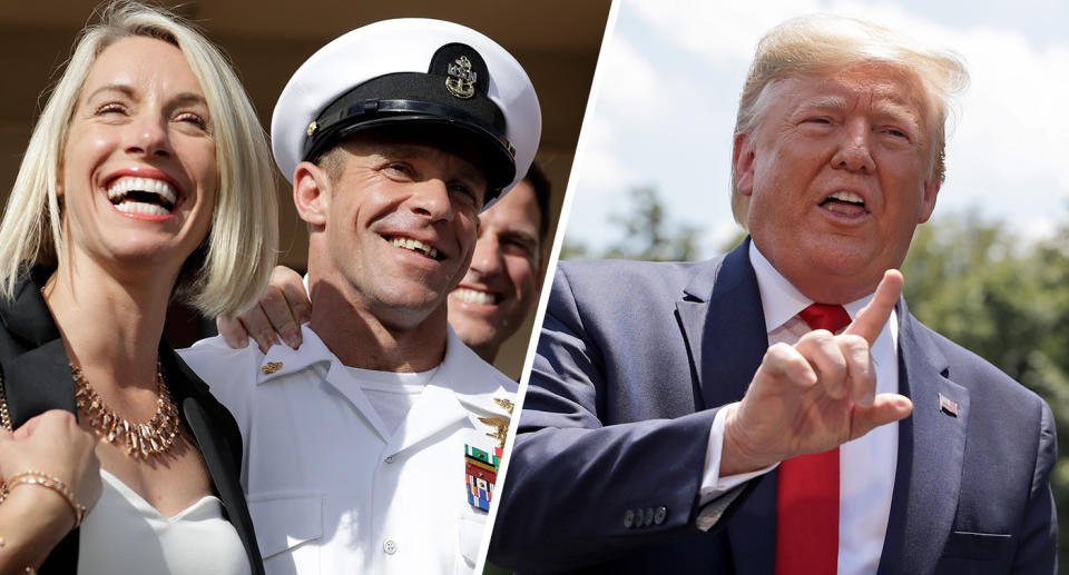 Navy Special Operations Chief Edward Gallagher, left, and his wife, Andrea Gallagher, smile after leaving a military court on Naval Base San Diego and President Donald Trump. (Photo: Gregory Bull/AP, Evan Vucci/AP)