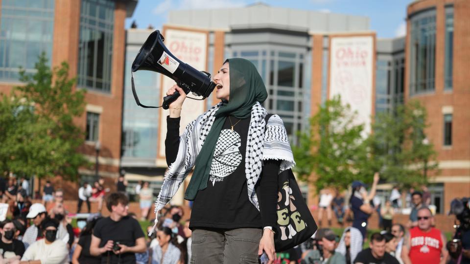 May 1, 2024; Columbus, Ohio, USA; Protests at The Ohio State University as demands are made for the university to divest from Israel over the Israel-Hamas war. Mandatory Credit: Doral Chenoweth-The Columbus Dispatch