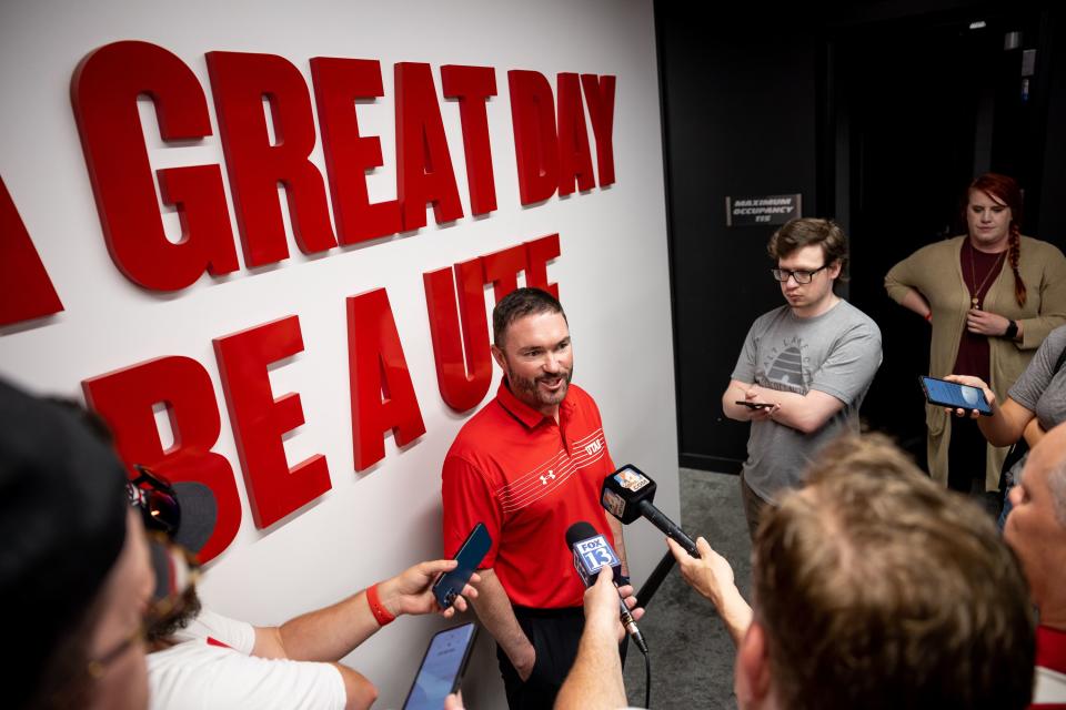 Utah lacrosse coach Andrew McMinn talks to reporters at the Jon M. and Karen Huntsman Basketball Facility in Salt Lake City on Monday, May 8, 2023, ahead of the team’s first ever trip to the NCAA tournament. | Spenser Heaps, Deseret News