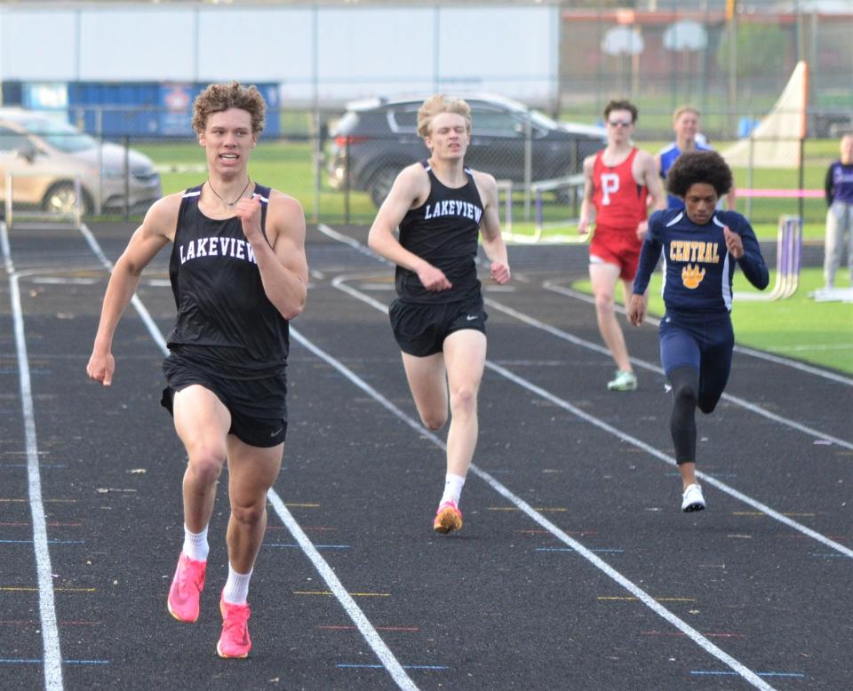 Lakeview's Caleb Bost takes first in the 400 meters at the 2023 All-City Track Championship at Lakeview High School on Friday.