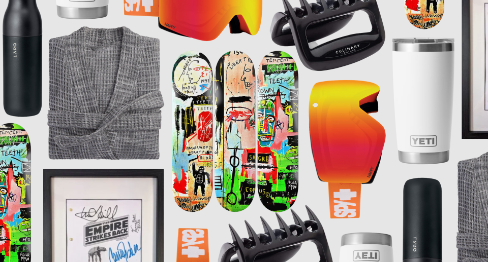 collage of men's gift ideas, ski goggles, yeti water thermos, water bottle, meat shredders, parachute bathrobe, skateboarding art, the empire strikes back