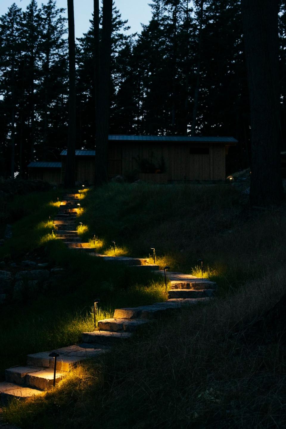 The path to the cabins at night.