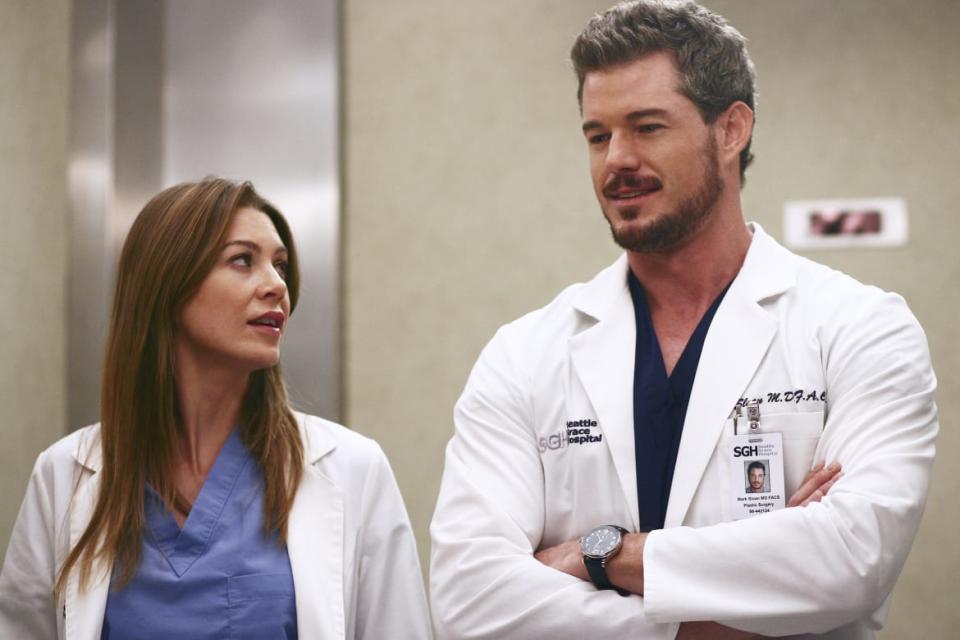 <div class="inline-image__caption"><p>Meredith Grey (Ellen Pompeo) and Mark Sloan (Eric Dane) on <em>Grey's Anatomy</em></p></div> <div class="inline-image__credit">Scott Garfield/Disney via Getty</div>