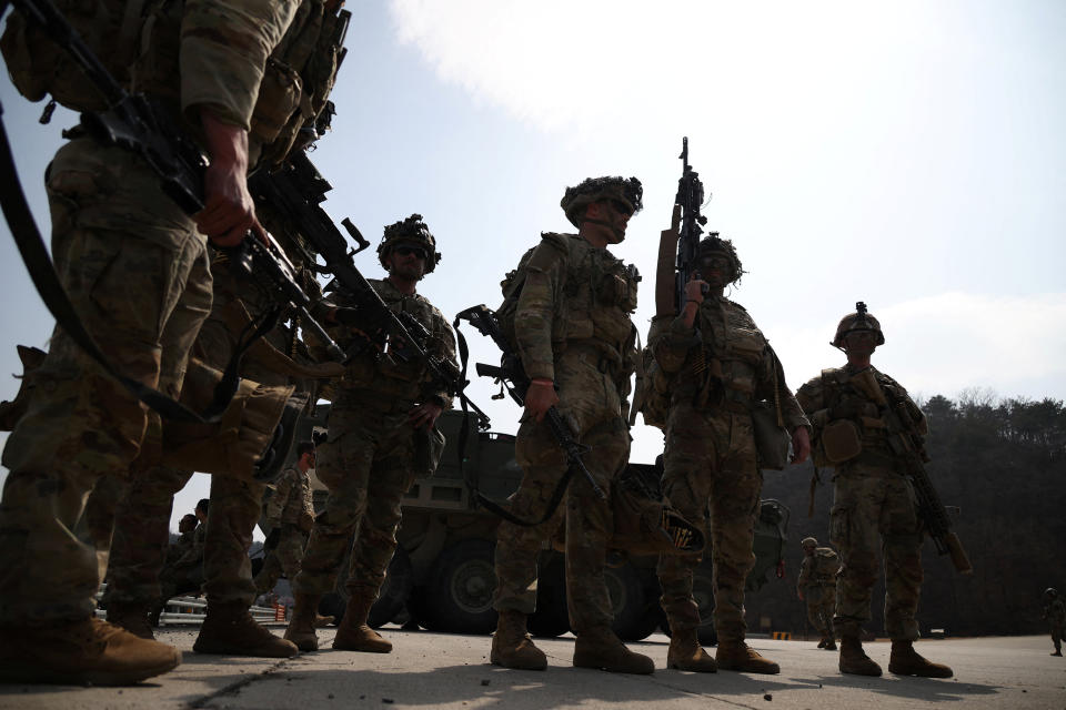 U.S. army soldiers prepare for a live-fire drill which is a part of the joint military drill 