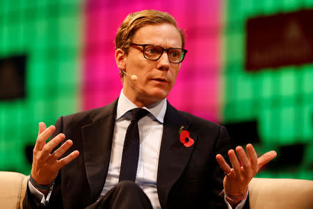 FILE PHOTO: CEO of Cambridge Analytica, Alexander Nix, speaks during the Web Summit, Europe's biggest tech conference, in Lisbon, Portugal, November 9, 2017. REUTERS/Pedro Nunes/File Photo