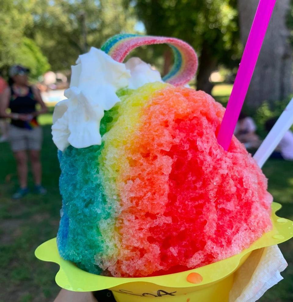 A rainbow-colored shave ice dessert was popular at Placer Pride.