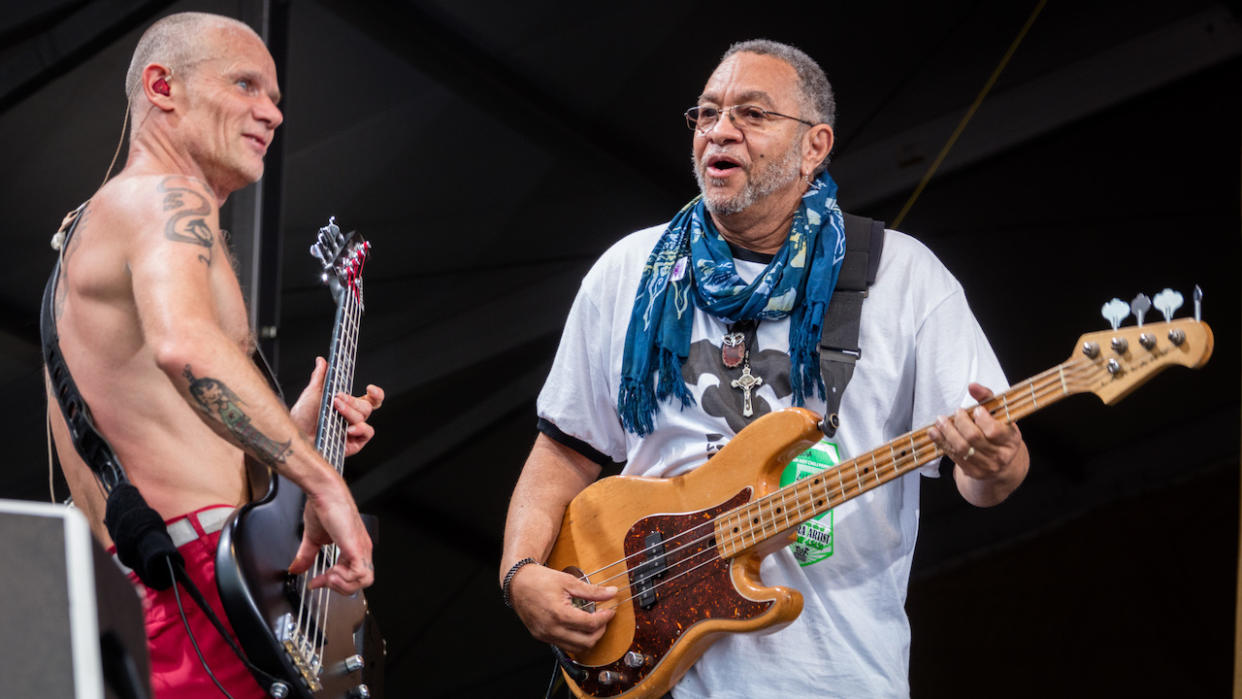  Flea and Geroge Porter Jr. George Porter of the Meters sits in with the Red Hot Chili Peppers during their performance at the New Orleans Jazz & Heritage Festival 2016 at Fair Grounds Race Course on April 24, 2016 in New Orleans, Louisiana. 