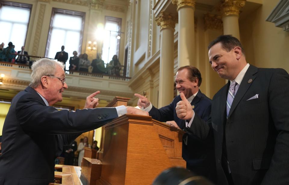 Trenton, NJ — February 27, 2024 -- Governor Phil Murphy's arrives with Assembly Speaker Craig Coughlin and Senate President Nicholas Scutari before Murphy gave his budget address for New Jersey's 2025 fiscal year.