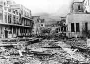 General view in July 1946 of the Nagasaki Medical School in Japan. It was located at about one kilometer from where the American atomic bomb was dropped. The structure of the buildings held but debris and fallen trees are everywhere. One year after the explosion, the ruins of the bombing are still in evidence. The city, which is still radio-active, has been deserted by the survivors. (Photo: Keystone-France/Gamma-Keystone via Getty Images)