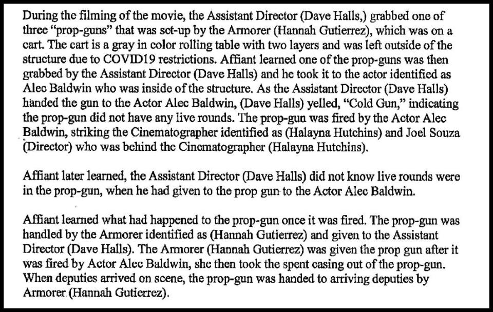 A portion of an affidavit describing the shooting of Halyna Hutchins on the set of "Rust" by Alec Baldwin.