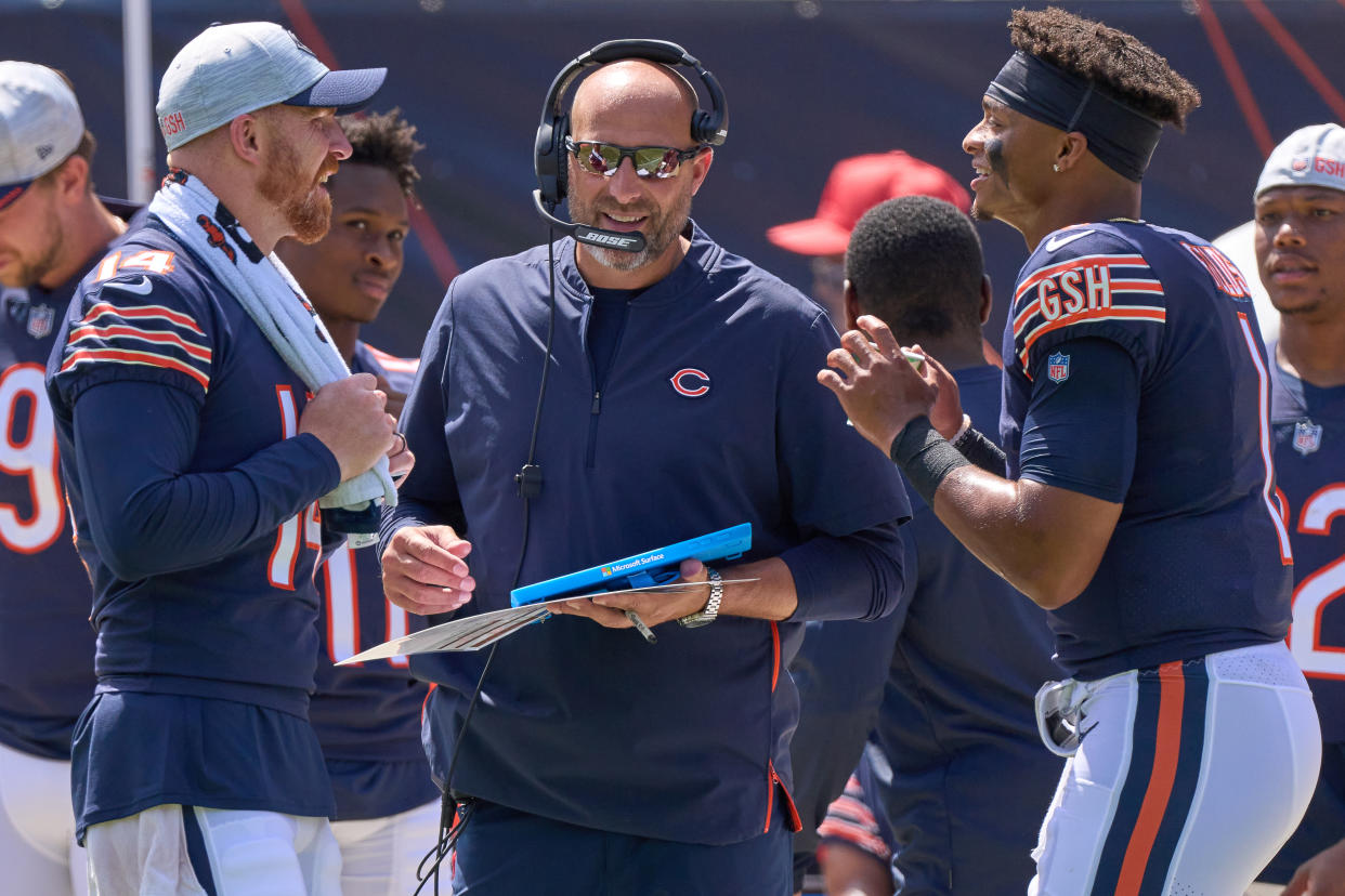 Matt Nagy with Andy Dalton and Justin Fields.