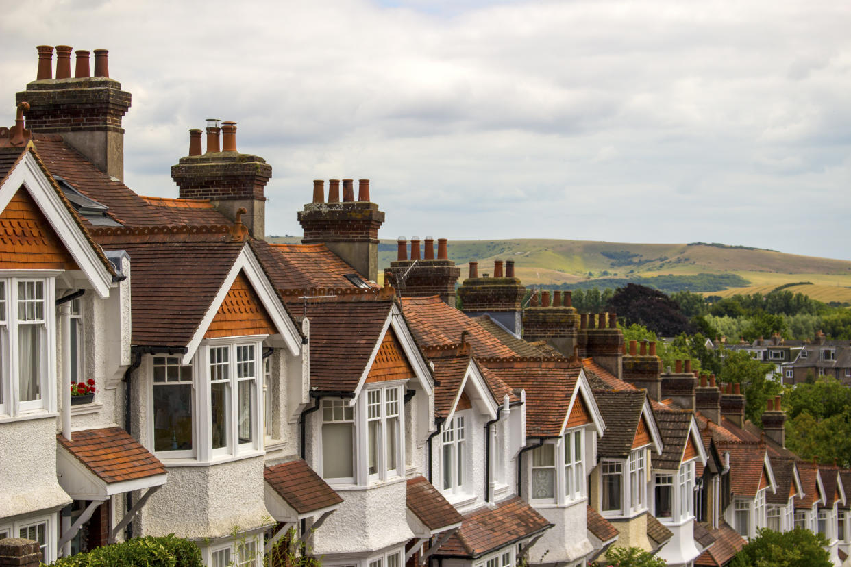 View of terrace housing looking down St. Swithun's Terrace in Lewes, East Sussex, Great Britain. credit score