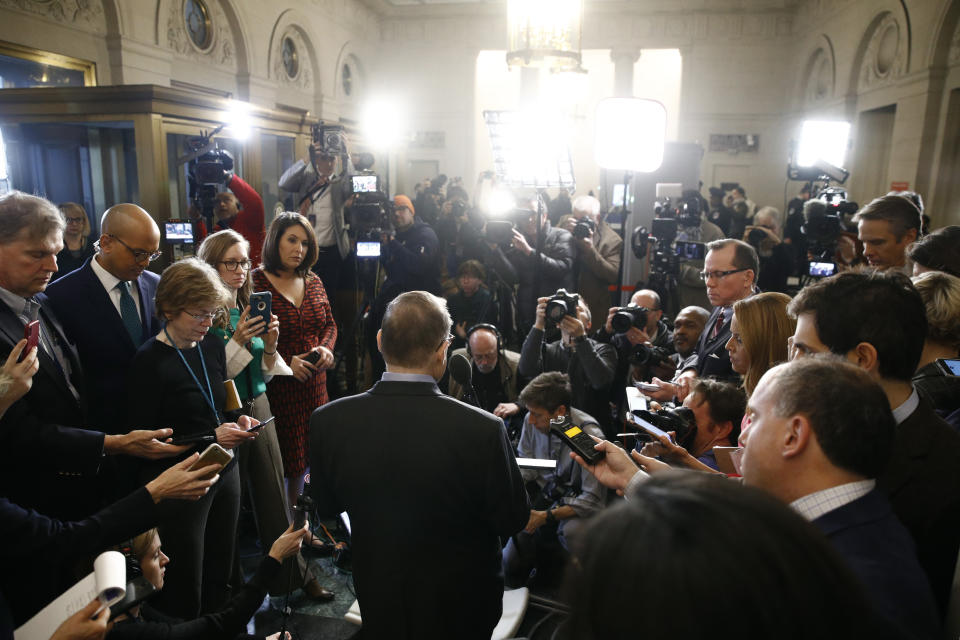 House Judiciary Committee Chairman Rep. Jerrold Nadler, D-N.Y., speaks from the podium after the House Judiciary Committee approved the articles of impeachment against President Donald Trump, Friday, Dec. 13, 2019, on Capitol Hill in Washington. (AP Photo/Patrick Semansky)