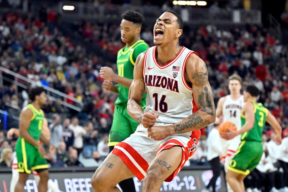 Keshad Johnson #16 of the Arizona Wildcats reacts after a play against the Oregon Ducks in the first half of a semifinal game during the Pac-12 Conference basketball tournament at T-Mobile Arena on March 15, 2024 in Las Vegas, Nevada.