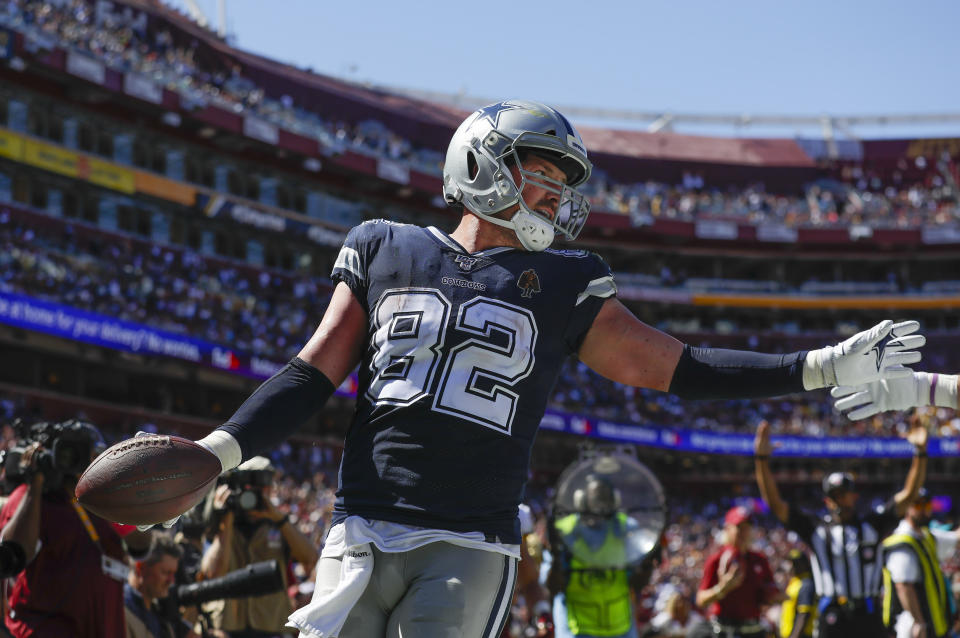 Dallas Cowboys tight end Jason Witten celebrates his touchdown run against the Washington Redskins in the first half of an NFL football game, Sunday, Sept. 15, 2019, in Landover, Md. (AP Photo/Evan Vucci)