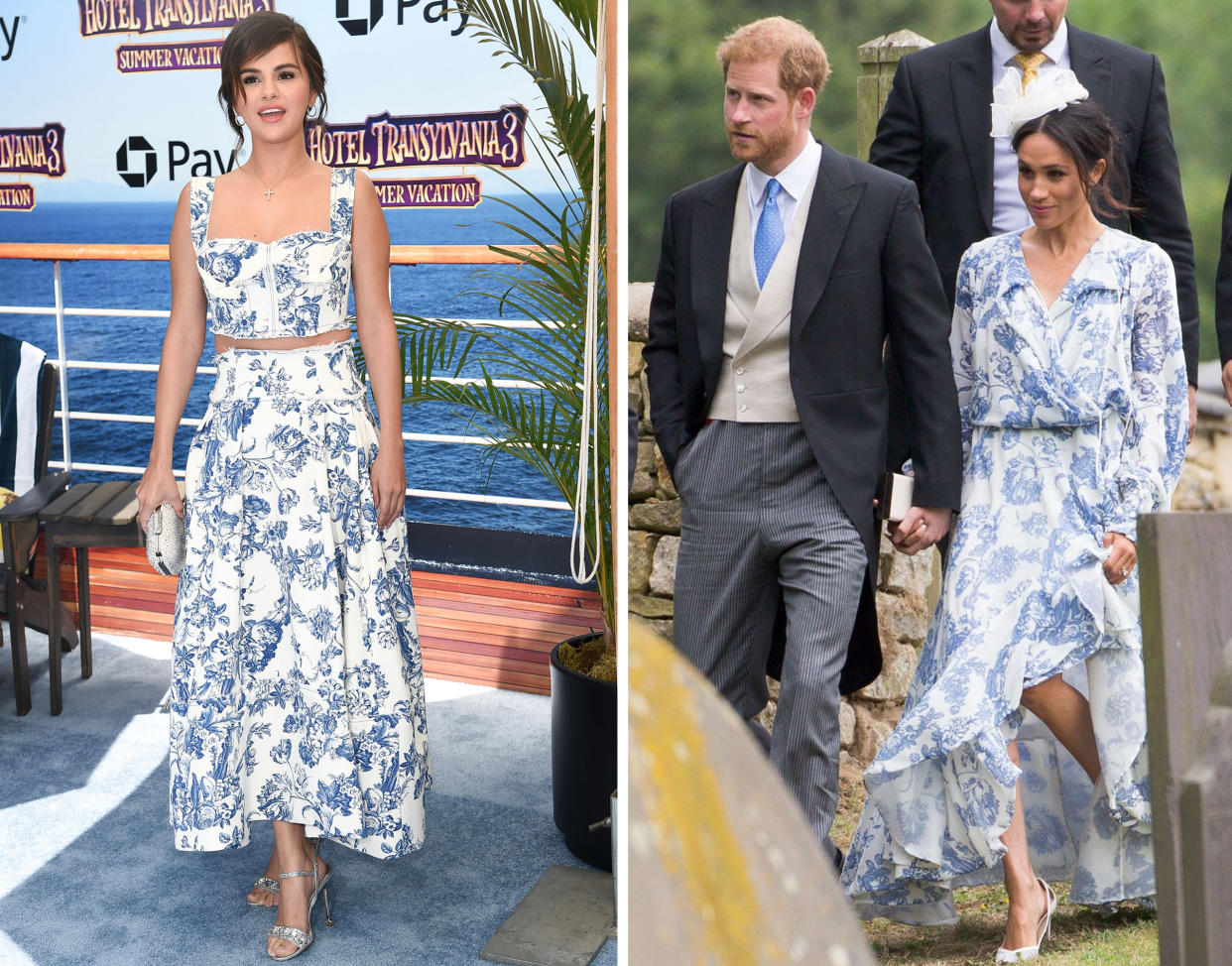 Selena Gomez und Herzogin Meghan in weiß-blauen Roben von Oscar de la Renta (Bilder: Richard Shotwell/Invision/AP Photo; Geoff Robinson Photography/REX/Shutterstock)