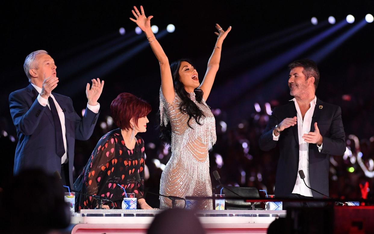 Louis Walsh, Sharon Osbourne, Nicole Scherzinger and Simon Cowell during the X Factor final - REX/Shutterstock