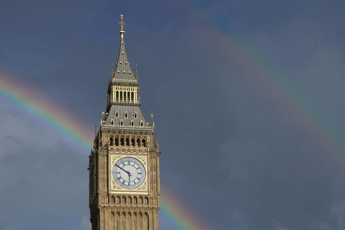 A double rainbow is seen over Elizabeth Tower in Westminster, London on the day of the Queen’s death (Ian West/PA) (PA Wire)