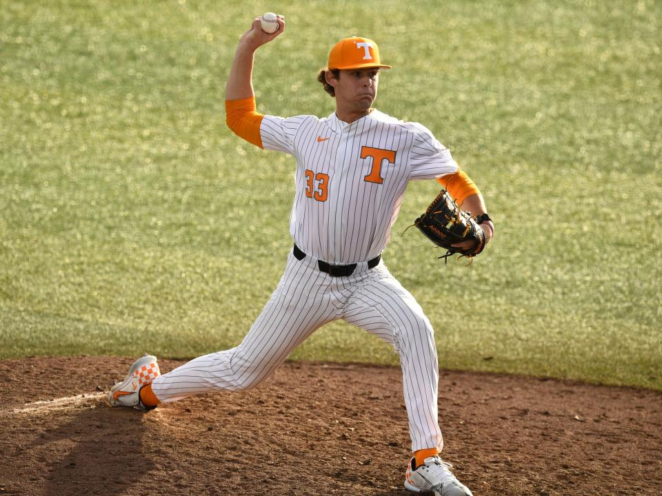 Texas Tech batters racked up more than a dozen strikeouts Friday night in the 22nd-ranked Red Raiders' season opener against No. 8 Tennessee. Vols starter A.J. Russell, pictured in a game last season, fanned 10 in 4 1/3 innings.