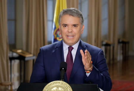 Colombia's President Ivan Duque Marquez speaks during a statement at the Narino presidential house in Bogota, Colombia May 15, 2019. Courtesy of Colombian Presidency/Handout via REUTERS