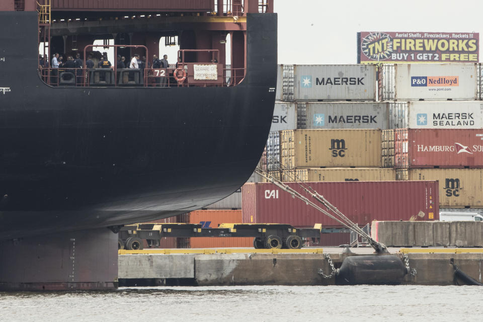 Officials gather on the decks of the MSC Gayane container ship on the Delaware River in Philadelphia, Tuesday, June 18, 2019. U.S. authorities have seized more than $1 billion worth of cocaine from a ship at a Philadelphia port, calling it one of the largest drug busts in American history. The U.S. attorney’s office in Philadelphia announced the massive bust on Twitter on Tuesday afternoon. Officials said agents seized about 16.5 tons (15 metric tons) of cocaine from a large ship at the Packer Marine Terminal. (AP Photo/Matt Rourke)