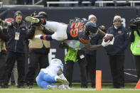 <p>Chicago Bears running back Tarik Cohen (29) dives into the endzone for a touchdoown over Detroit Lions free safety Glover Quin (27) in the fourth quarter during an NFL football game between the Detroit Lions and the Chicago Bears on November 19, 2017 at Soldier Field in Chicago, IL. (Photo by Robin Alam/Icon Sportswire via Getty Images) </p>