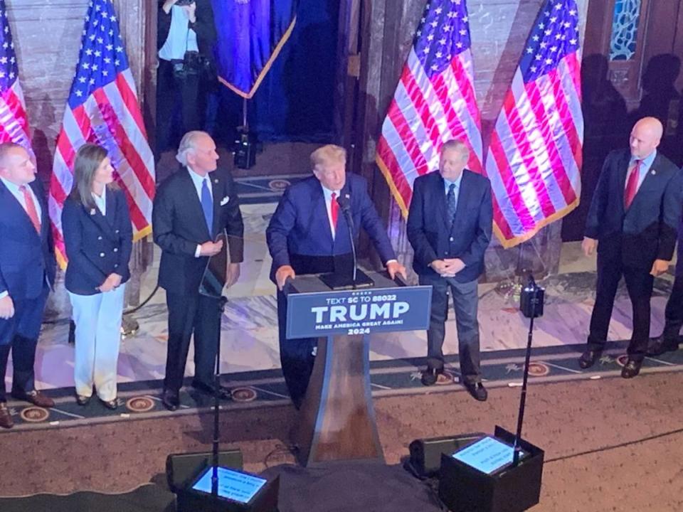 Former President Donald Trump speaks at the South Carolina State House in Columbia on Saturday, Jan. 28, 2023.