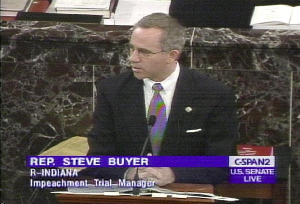 US Rep Steve Buyer, R-IN, one of the house trial manager for the impeachment trial, makes opening statements in the impeachment trial of US President Bill Clinton (C-SPAN/AFP via Getty Images)