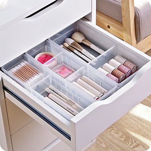 <p>Store more than you ever thought possible with this <span>Chris.W Desk Drawer Organizer Tray With Adjustable Dividers</span> ($16 for 4). From makeup to utensils, you can store it all. It comes with two large and two small drawer organizers. </p>