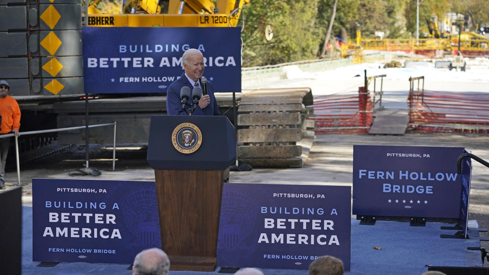 President Joe Biden speaks about infrastructure while visiting the under construction Fern Hollow Bridge, which collapsed in January, in Pittsburgh, Thursday, Oct. 20, 2022. (AP Photo/Gene J. Puskar)