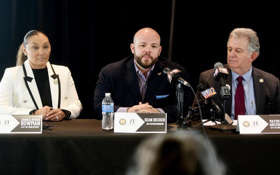 Shreveport Mayor Tom Arceneaux (right), city councilwoman Ursula Bowman (left) and from Sean Decker from REV Entertainment speak to the crowd during their media event in the skybox at Independence Stadium Thursday morning, March 23, 2023. 