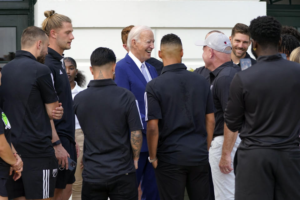 President Joe Biden makes an appearance at an a Youth Soccer Clinic with Major League Soccer hosted by first lady Jill Biden on the South Lawn of the White House, Monday, July 17, 2023 in Washington. (AP Photo/Manuel Balce Ceneta)
